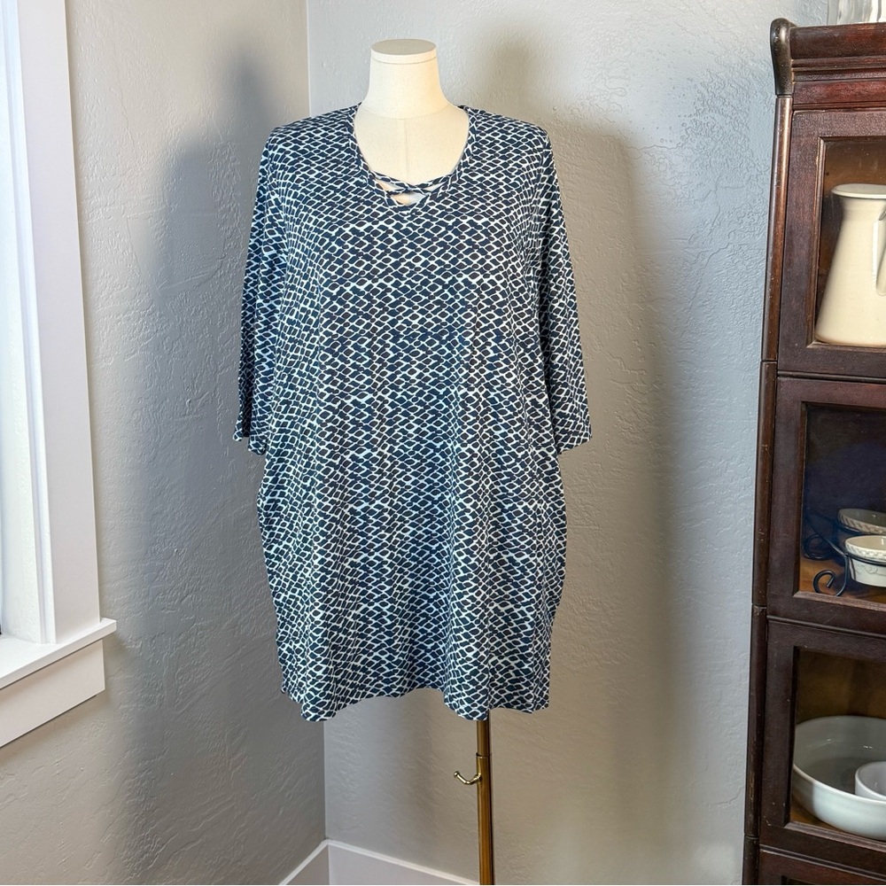Ulla Popken NWT Crisscross Neck Tunic Top Blue Print Plus Size 20/22